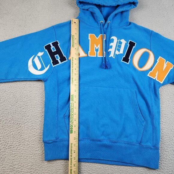 Champion Reverse Weave Pullover Hoodie Mens Medium Blue Old English Spellout - Picture 5 of 10